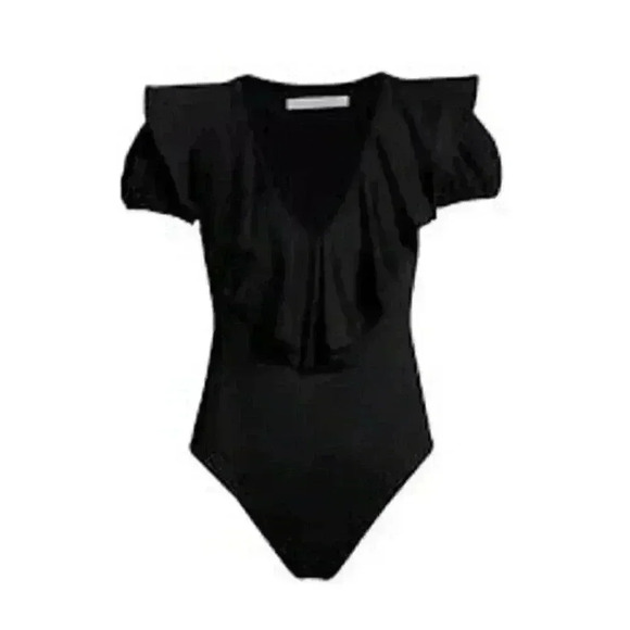 NWT Susana Monaco Short Sleeve Plunging V-Neck Flutter Bodysuit Black Size L - Picture 4 of 10